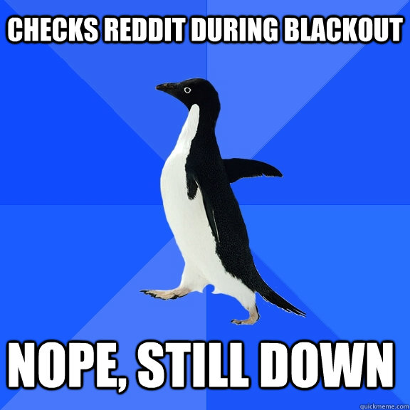 checks reddit during blackout nope, still down  Socially Awkward Penguin