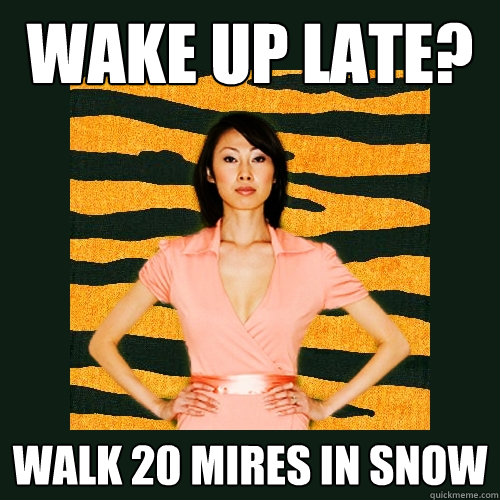 WAKE UP LATE? WALK 20 MIRES IN SNOW - WAKE UP LATE? WALK 20 MIRES IN SNOW  Tiger Mom