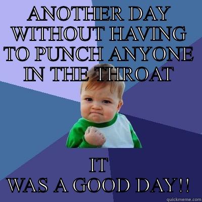 ANOTHER DAY WITHOUT HAVING TO PUNCH ANYONE IN THE THROAT IT WAS A GOOD DAY!! Success Kid
