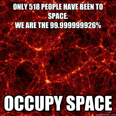 only 518 people have been to space.
We are the 99.999999926% Occupy Space - only 518 people have been to space.
We are the 99.999999926% Occupy Space  Occupy Space