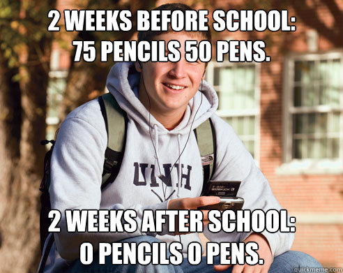 2 weeks before school: 
75 pencils 50 pens. 2 weeks after school:
0 pencils 0 pens.  College Freshman