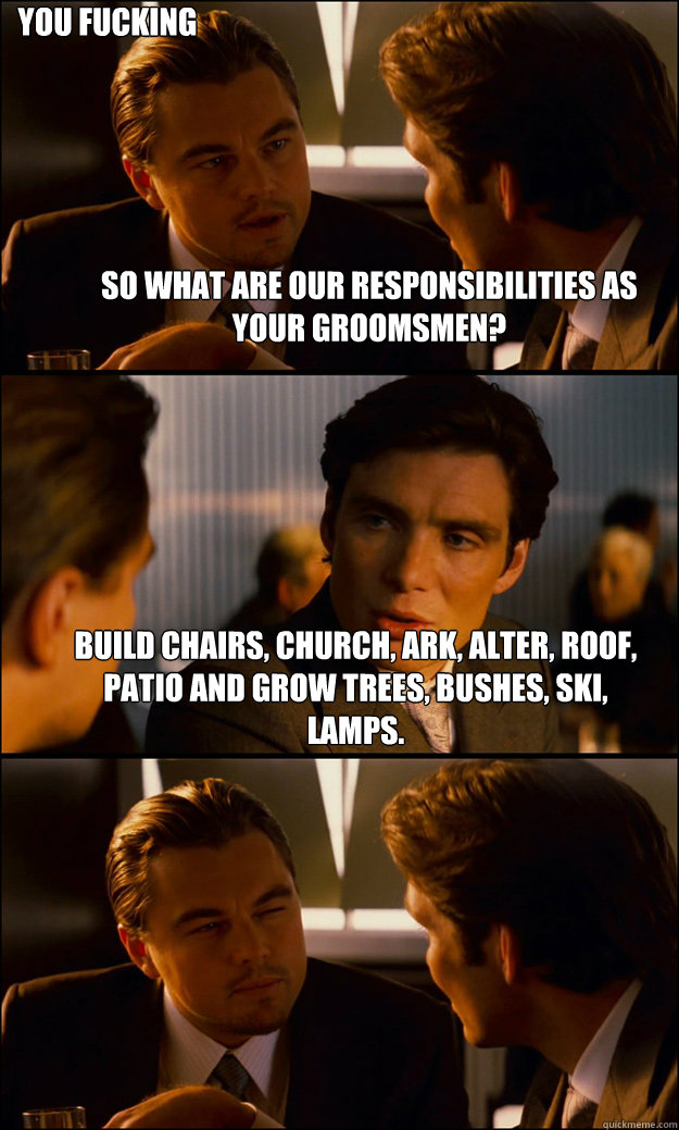 so what are our responsibilities as your groomsmen? build chairs, church, ark, alter, roof, patio and grow trees, bushes, ski, lamps.  you fucking me?  Inception