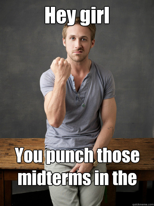 Hey girl You punch those midterms in the face!   Ryan Gosling Punch Finals