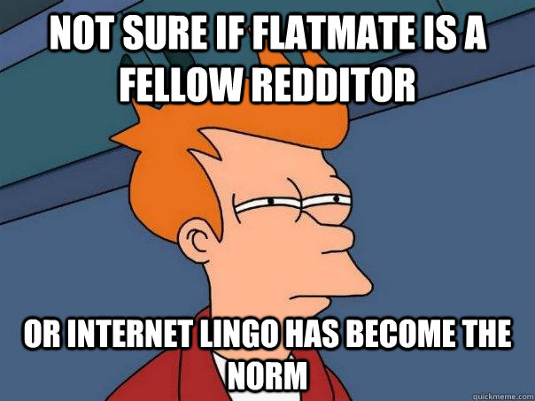 Not sure if flatmate is a fellow Redditor Or internet lingo has become the norm  Futurama Fry