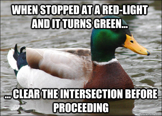 When stopped at a red-light and it turns green... ... clear the intersection before proceeding  Actual Advice Mallard