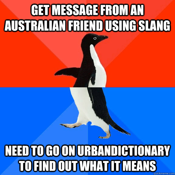 get message from an Australian friend using slang need to go on urbandictionary to find out what it means  Socially Awesome Awkward Penguin