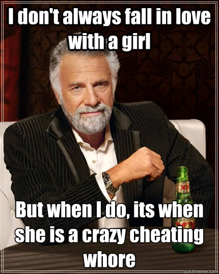 I don't always fall in love with a girl But when I do, its when she is a crazy cheating whore - I don't always fall in love with a girl But when I do, its when she is a crazy cheating whore  The Most Interesting Man In The World