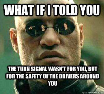 What if i told you the turn signal wasn't for you, but for the safety of the drivers around you  WhatIfIToldYouBing