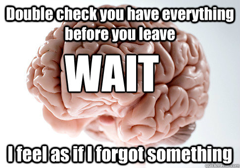 Double check you have everything before you leave I feel as if I forgot something WAIT  Scumbag Brain