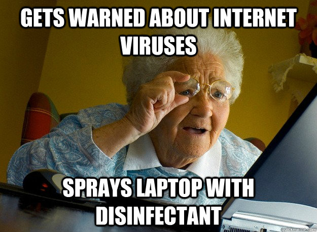 gets warned about internet viruses sprays laptop with disinfectant  
