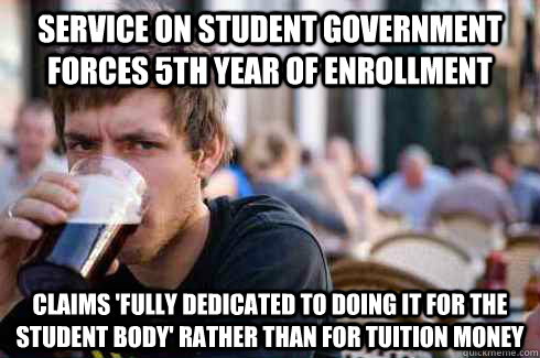 Service on student government forces 5th year of enrollment Claims 'fully dedicated to doing it for the student body' rather than for tuition money  Lazy College Senior