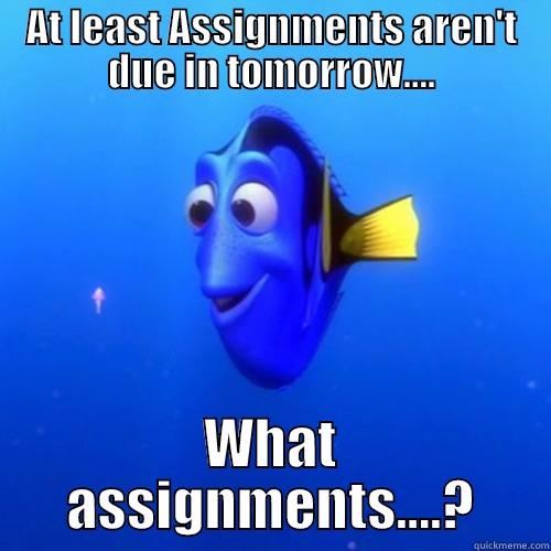 AT LEAST ASSIGNMENTS AREN'T DUE IN TOMORROW.... WHAT ASSIGNMENTS....? dory