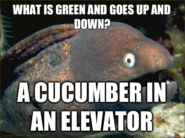 What Is green and goes up and down? A cucumber In an elevator  Bad Joke Eel
