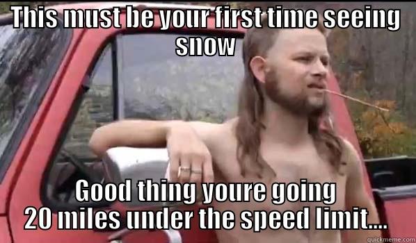 THIS MUST BE YOUR FIRST TIME SEEING SNOW GOOD THING YOURE GOING 20 MILES UNDER THE SPEED LIMIT.... Almost Politically Correct Redneck