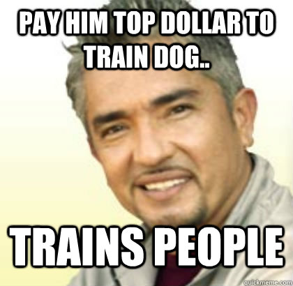 Pay him top dollar to train dog.. Trains people  