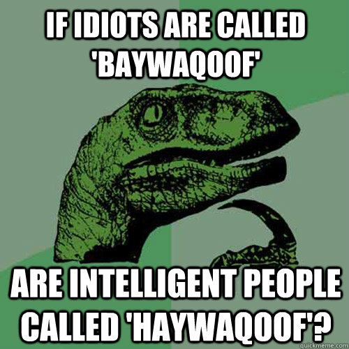 IF IDIOTS ARE CALLED 'BAYWAQOOF' ARE INTELLIGENT PEOPLE CALLED 'HAYWAQOOF'? - IF IDIOTS ARE CALLED 'BAYWAQOOF' ARE INTELLIGENT PEOPLE CALLED 'HAYWAQOOF'?  Philosoraptor