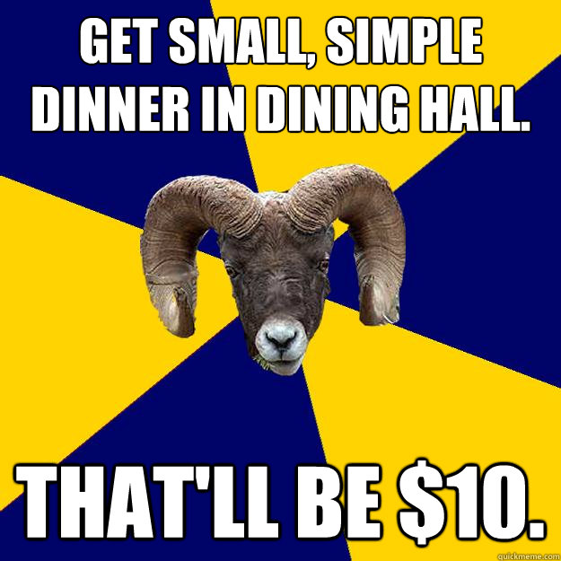 Get small, simple dinner in dining hall. That'll be $10.  Suffolk Kid Ram