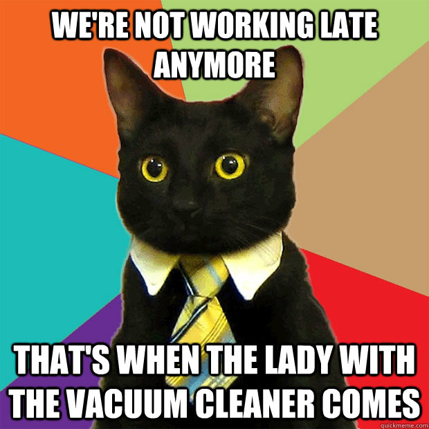 We're not working late anymore that's when the lady with the vacuum cleaner comes - We're not working late anymore that's when the lady with the vacuum cleaner comes  Business Cat