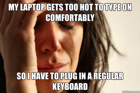 MY LAPTOP GETS TOO HOT TO TYPE ON COMFORTABLY SO I HAVE TO PLUG IN A REGULAR KEYBOARD  First World Problems