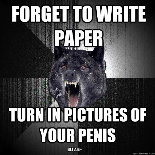 forget to write paper turn in pictures of your penis get a b+  Insanity Wolf