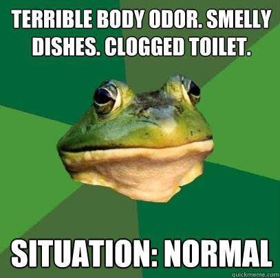 terrible body odor. smelly dishes. clogged toilet. situation: normal  Foul Bachelor Frog