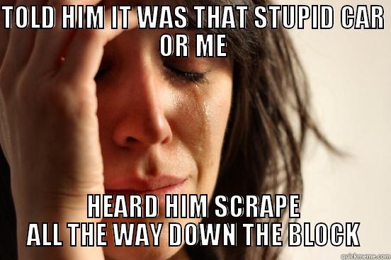 TOLD HIM IT WAS THAT STUPID CAR OR ME HEARD HIM SCRAPE ALL THE WAY DOWN THE BLOCK First World Problems