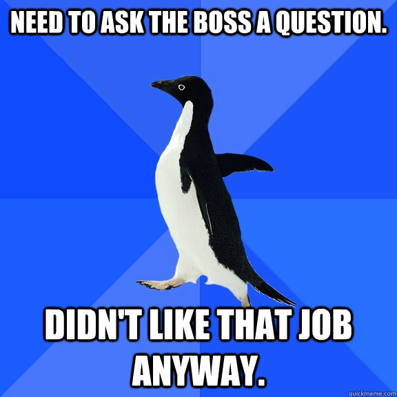 Need to ask the boss a question. Didn't like that job anyway.  Socially Awkward Penguin