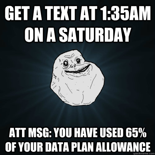 get a text at 1:35am on a saturday att msg: you have used 65% of your data plan allowance - get a text at 1:35am on a saturday att msg: you have used 65% of your data plan allowance  Forever Alone