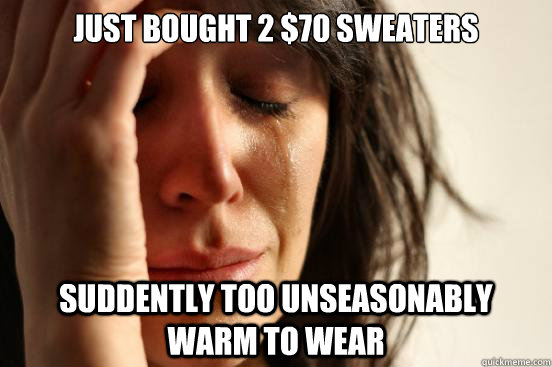 Just Bought 2 $70 sweaters Suddently too unseasonably warm to wear  First World Problems