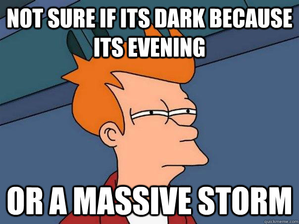 Not sure if its dark because its evening Or a massive storm  Futurama Fry