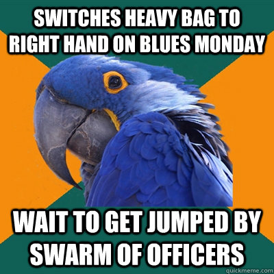 Switches heavy bag to right hand on blues monday wait to get jumped by swarm of officers  Paranoid Parrot