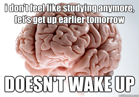 i don't feel like studying anymore, let's get up earlier tomorrow DOESN'T WAKE UP  - i don't feel like studying anymore, let's get up earlier tomorrow DOESN'T WAKE UP   Scumbag Brain