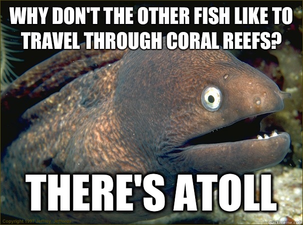 Why don't the other fish like to travel through coral reefs? There's atoll  Bad Joke Eel