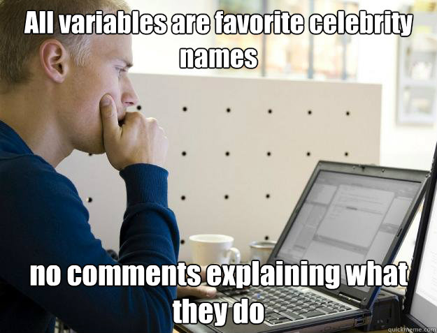 All variables are favorite celebrity names no comments explaining what they do  Programmer