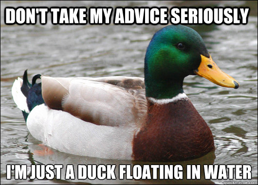 Don't take my advice seriously I'm just a duck floating in water  Actual Advice Mallard