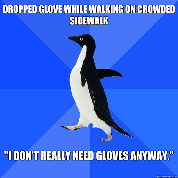 Dropped glove while walking on crowded sidewalk  