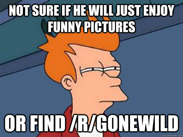 Not Sure if he will just enjoy funny pictures or find /r/gonewild  Unsure Fry