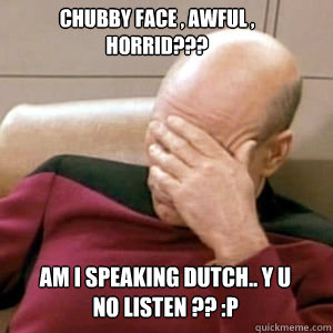 chubby face , awful , horrid???

 am i speaking dutch.. y u no listen ?? :p  FacePalm