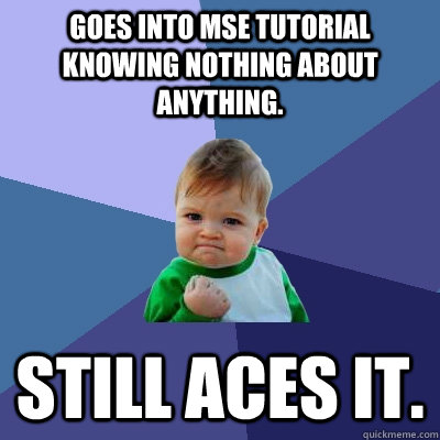 Goes into MSE tutorial knowing nothing about anything. Still aces it.  Success Kid