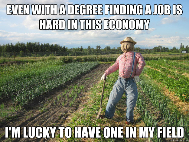 even with a degree finding a job is hard in this economy i'm lucky to have one in my field - even with a degree finding a job is hard in this economy i'm lucky to have one in my field  Scarecrow