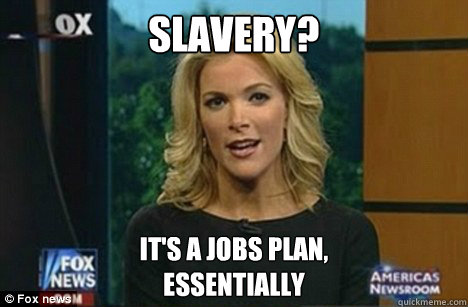 Slavery? It's a jobs plan,
essentially - Slavery? It's a jobs plan,
essentially  Megyn Kelly