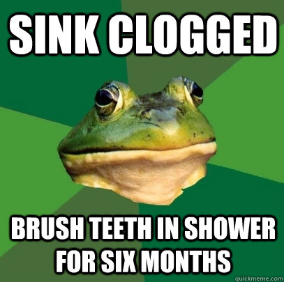sink clogged brush teeth in shower for six months  Foul Bachelor Frog