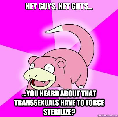Hey guys, hey guys... ...you heard about that transsexuals have to force sterilize?  Slowpoke