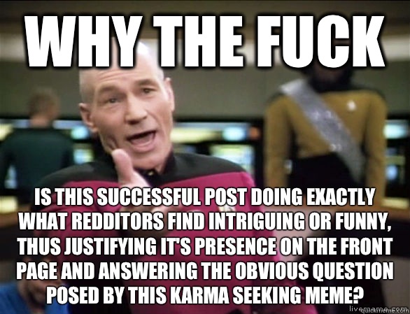 why the fuck Is this successful post doing exactly what redditors find intriguing or funny, thus justifying it's presence on the front page and answering the obvious question posed by this karma seeking meme?  Annoyed Picard HD