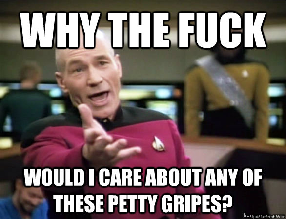 why the fuck would I care about any of these petty gripes? - why the fuck would I care about any of these petty gripes?  Annoyed Picard HD