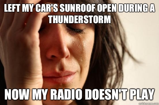 Left my car's sunroof open during a thunderstorm  Now my radio doesn't play  First World Problems