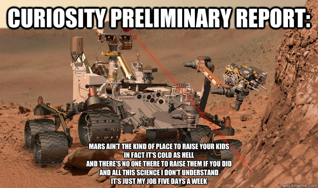 Curiosity Preliminary Report: Mars ain't the kind of place to raise your kids 
In fact it's cold as hell 
And there's no one there to raise them if you did 
And all this science I don't understand 
It's just my job five days a week 
  Unimpressed Curiosity