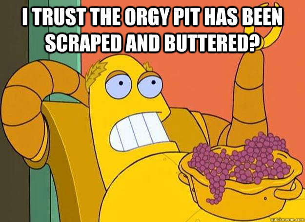 I trust the orgy pit has been scraped and buttered?     Hedonism Bot