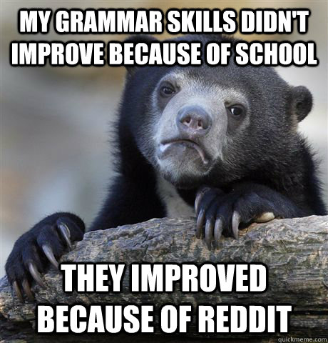 my grammar skills didn't improve because of school they improved because of reddit  Confession Bear