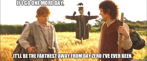 If I go one more day,  it'll be the farthest away from day zero I've ever been.   Samwise the Brave